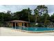 View of the outdoor community pool with a building and palm trees in the background at 11704 Raintree Village Blvd # B, Temple Terrace, FL 33617