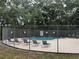 View of community pool and lounge chairs behind chain link fence at 11704 Raintree Village Blvd # B, Temple Terrace, FL 33617