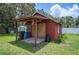 Functional shed with ample storage space and a covered area, set within a well-kept backyard at 3611 Maxwell Rd, Plant City, FL 33566