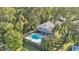 Aerial view of the property, highlighting the inviting pool and fenced-in backyard oasis at 4818 Huron St, Zephyrhills, FL 33541