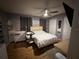Bedroom features include wood floors and a queen size bed with a wicker headboard and a ceiling fan at 4818 Huron St, Zephyrhills, FL 33541