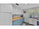 Quaint kitchen features blue and white cabinetry, wood countertops, and stainless steel appliances at 4818 Huron St, Zephyrhills, FL 33541