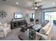 Comfortable living room with modern decor, flat screen tv, and lots of light from sliding doors at 2626 Scenic Park Loop, Wimauma, FL 33598