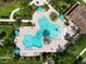Attractive aerial view of a community pool with ample seating, surrounded by palm trees and manicured greenery at 1044 Oliveto Verdi Ct, Brandon, FL 33511