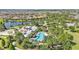 Aerial view of resort-style pool and amenities nestled in a lush, landscaped community with lake and trees at 11825 Frost Aster Dr, Riverview, FL 33579
