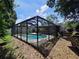 Backyard pool area with a screened enclosure and lush green surrounding yard at 12212 Hidden Brook Dr, Tampa, FL 33624