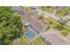 Aerial view showcasing home's screened pool, patio, mature trees, and landscaping in a desirable neighborhood at 4223 Amber Ridge Ln, Valrico, FL 33594