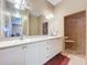 Bathroom features a double vanity and separate shower with a built in seat and grab bars at 4611 Executive Meadows Dr, Plant City, FL 33567