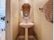 Bathroom with pedestal sink, large oval mirror, and neutral wall color at 4611 Executive Meadows Dr, Plant City, FL 33567