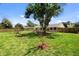 Extensive backyard with a large tree, paver patio and a well-manicured lawn at 566 Viridian St, Englewood, FL 34223