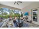 Comfortable patio with sectional sofa, coffee table, and large TV at 284 Bocelli Dr., Nokomis, FL 34275