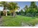 Well-maintained backyard with lush green grass and mature palm trees, and chainlink fence at 2091 Marlin Way, Englewood, FL 34224