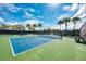Bright and spacious tennis court with green and blue surface, surrounded by lush landscaping and tall palm trees at 12000 Tapestry Ln, Venice, FL 34293