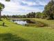 A large pond is surrounded by trees, shrubbery, and grassy lawn at 277 Mestre Pl, North Venice, FL 34275