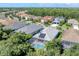 Aerial view of residential homes with a screened pool and solar panels at 12273 Stuart Dr, Venice, FL 34293