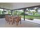 Screened lanai featuring a large table, chairs, and a view of the landscaped backyard and pool area at 217 Carriage House Ln # 217, Nokomis, FL 34275