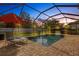 Relaxing screened-in pool area with patio furniture at sunset at 19304 Bluff Dr, Venice, FL 34292