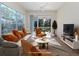 Virtually staged living room with orange accents and access to lanai at 1622 Monarch Dr # 1622, Venice, FL 34293