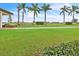 Lush green lawn with mature palm trees and lake view at 25159 Spartina Dr, Venice, FL 34293