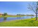 Tranquil lakefront property with grassy areas and mature trees at 10780 Tarflower Dr # 102, Venice, FL 34293