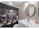 Bathroom with Abbey Road shower curtain and single sink vanity at 192 Grand Oak Cir, Venice, FL 34292