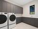 Modern laundry room with gray cabinetry, white countertops, and a front-loading washer and dryer at 1109 Bayshore Rd, Nokomis, FL 34275