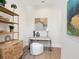 Stylish home office featuring modern desk, wood shelving, and ample natural light at 1109 Bayshore Rd, Nokomis, FL 34275