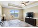 The bedroom features a ceiling fan, a TV on a dresser and a window with water views at 660 Ravello Blvd, Nokomis, FL 34275