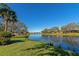 Lush green backyard with a tranquil pond and waterfront view at 5856 Helicon Pl, Sarasota, FL 34238