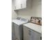 Practical laundry room with modern washer, dryer, cabinets, and a cute framed picture at 10055 Crooked Creek Dr # 102, Venice, FL 34293