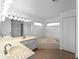 Bright bathroom featuring double sinks, soaking tub, and natural light from high windows at 1678 Quail Lake Dr, Venice, FL 34293