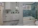 This bathroom features a marble countertop, blue tiled shower, and updated fixtures providing a relaxing and modern space at 705 Armada N Rd, Venice, FL 34285