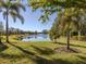 Scenic lake view featuring lush greenery and palm trees creating a tranquil, park-like setting at 5733 Semolino St, Nokomis, FL 34275