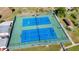 Aerial view of the tennis courts, highlighting the blue playing surface and green surroundings at 654 Bird Bay E Dr # 206, Venice, FL 34285
