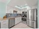 Modern kitchen with stainless steel appliances, white cabinets, and tile backsplash for a clean and functional space at 1423 Avenida Del Circo # 1C, Venice, FL 34285