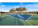 Outdoor tennis court with green and blue surface, surrounded by a black fence and trees at 1298 Highland Greens Dr, Venice, FL 34285