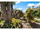 Charming backyard path leading to a wooden pergola draped with flowing curtains at 225 Randolph Rd, Venice, FL 34293