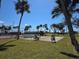 Scenic view of community tennis courts and a seating area, framed by lush palm trees and clear blue skies at 88 Bainbridge Dr # 88, Nokomis, FL 34275