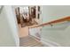 Carpeted staircase leading down to a dining room with hardwood table and leaf-patterned rug at 23138 Copperleaf Dr, Venice, FL 34293