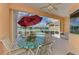 Screened-in patio overlooking pool and peaceful water view with seating and umbrella at 5151 Pine Shadow Ln, North Port, FL 34287