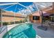 Screened-in pool area with a cozy patio and relaxing lounge chairs under a light pink umbrella at 5151 Pine Shadow Ln, North Port, FL 34287