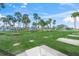 Horseshoe pit surrounded by lush green grass and swaying palm trees, providing a fun outdoor activity for all ages at 891 Grado Dr, Venice, FL 34285