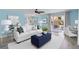Bright, modern living room featuring stylish decor, white sofa, and sliding glass doors to a patio at 891 Grado Dr, Venice, FL 34285