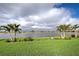 Beautifully landscaped backyard with lush green grass and a tranquil lake view with palm trees at 23415 Waverly Cir, Venice, FL 34293