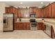 Modern kitchen featuring stainless steel appliances, ample cabinet space, and a stylish tile backsplash at 29692 Niagara Ct, Englewood, FL 34223