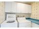 Well-equipped laundry room with white appliances, overhead cabinets, and whimsical wallpaper at 454 Cerromar Rd # 174, Venice, FL 34293