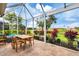 Covered patio with a dining table and chairs overlooking a meticulously landscaped yard and golf course at 5109 Pine Shadow Ln, North Port, FL 34287