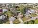 High aerial shot exhibits a cozy home with pool, mature trees, and green lawns in a serene neighborhood at 742 Golf Dr, Venice, FL 34285