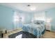 Cozy bedroom with blue walls, hardwood floors, and turtle decorative pillows at 929 The Rialto, Venice, FL 34285