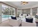 Living room with view to pool, sliding glass doors, white furniture and light, airy feel at 945 Chickadee Dr, Venice, FL 34285